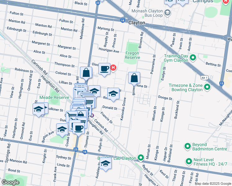 map of restaurants, bars, coffee shops, grocery stores, and more near 22 Wright Street in Clayton