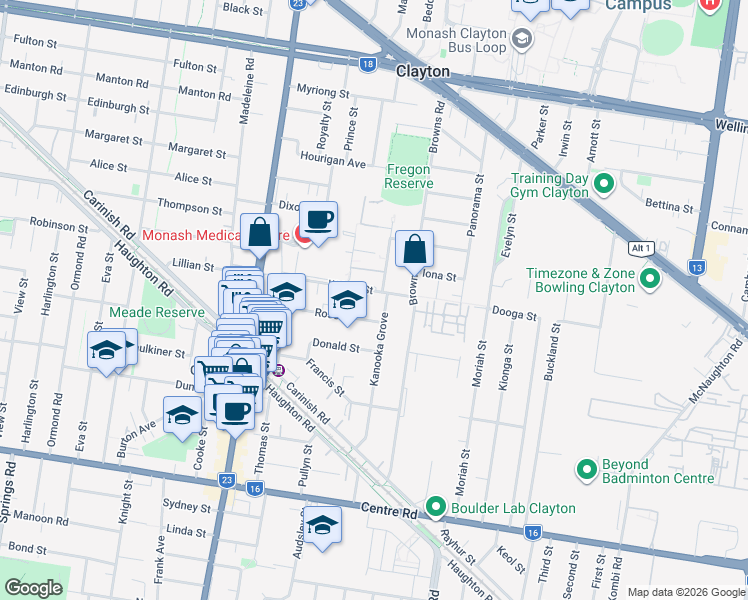 map of restaurants, bars, coffee shops, grocery stores, and more near 57 Kanooka Grove in Clayton