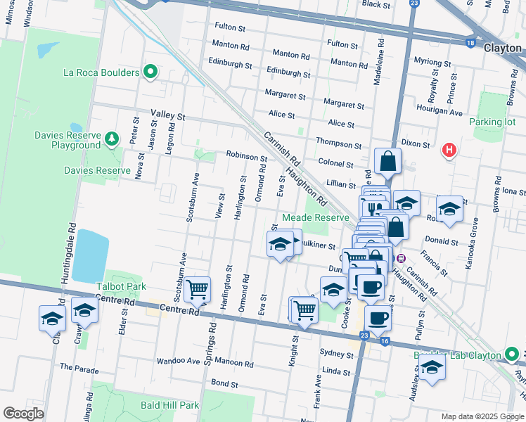 map of restaurants, bars, coffee shops, grocery stores, and more near 7 Gentle Street in Clayton