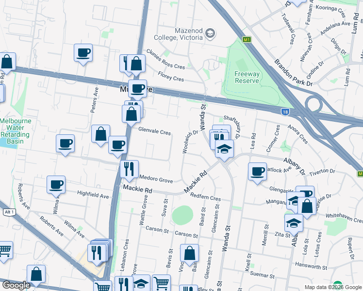 map of restaurants, bars, coffee shops, grocery stores, and more near 21 Woolwich Drive in Mulgrave