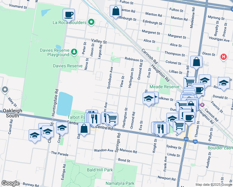 map of restaurants, bars, coffee shops, grocery stores, and more near 5 McBean Street in Clayton