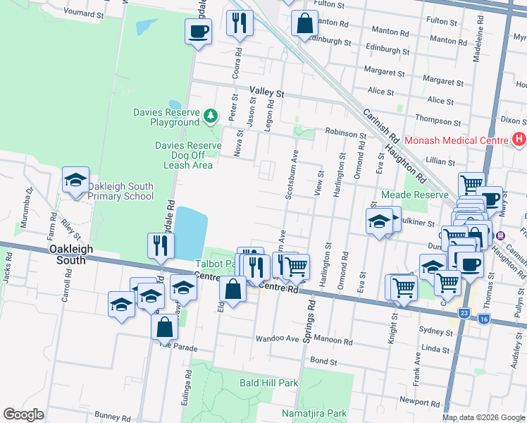 map of restaurants, bars, coffee shops, grocery stores, and more near 10 Kaybrook Court in Oakleigh South