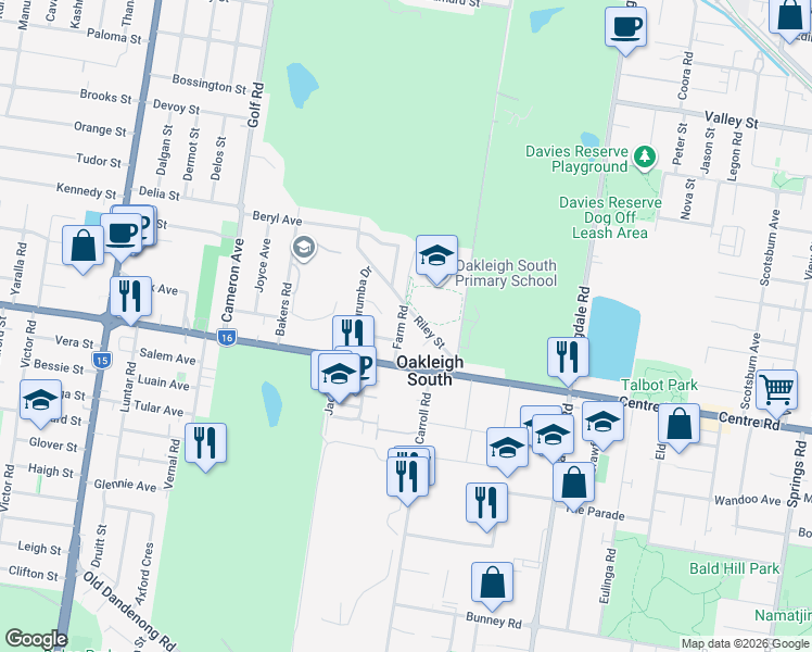 map of restaurants, bars, coffee shops, grocery stores, and more near 2 Farm Road in Oakleigh South