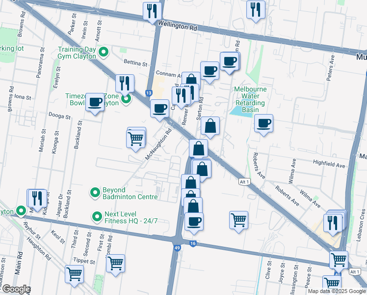 map of restaurants, bars, coffee shops, grocery stores, and more near 1970 Dandenong Road in Oakleigh East