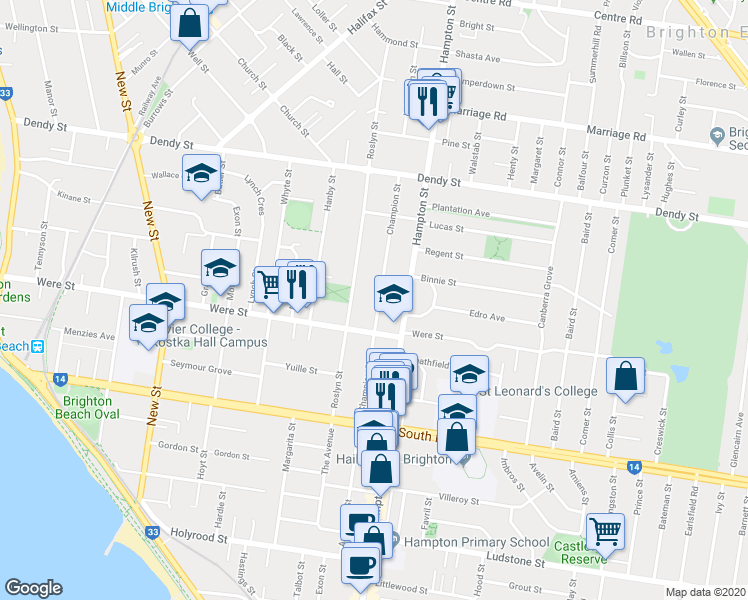 map of restaurants, bars, coffee shops, grocery stores, and more near 41 Champion Street in Brighton