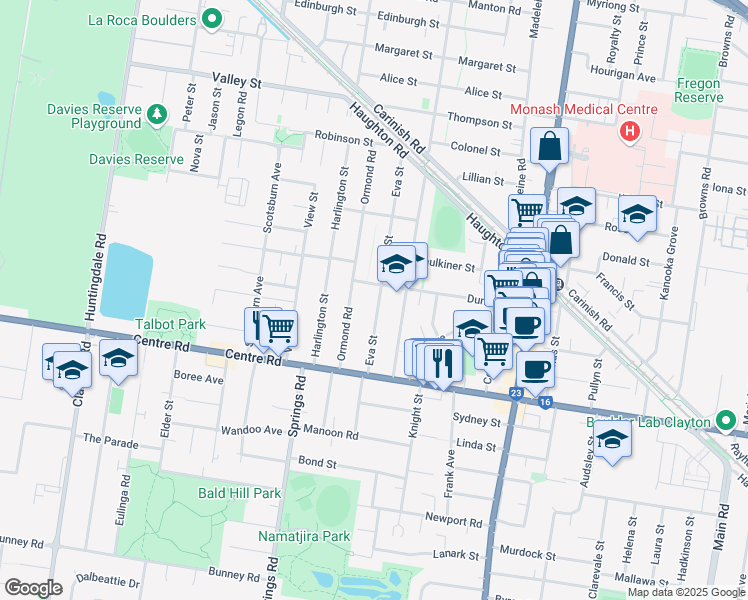 map of restaurants, bars, coffee shops, grocery stores, and more near 65 Eva Street in Clayton