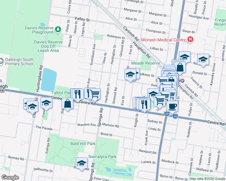 map of restaurants, bars, coffee shops, grocery stores, and more near 73 Ormond Road in Clayton