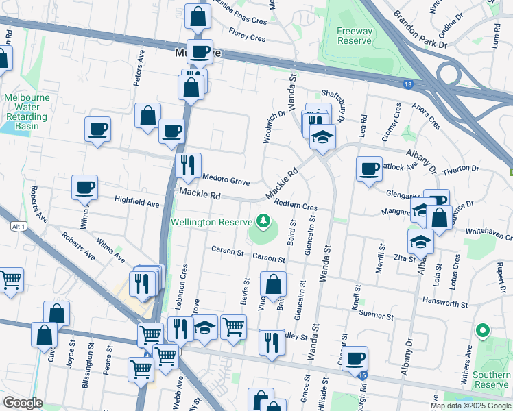 map of restaurants, bars, coffee shops, grocery stores, and more near 36-42 Mackie Road in Mulgrave