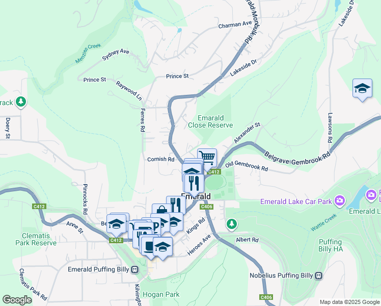 map of restaurants, bars, coffee shops, grocery stores, and more near 3 Emerald Close in Emerald