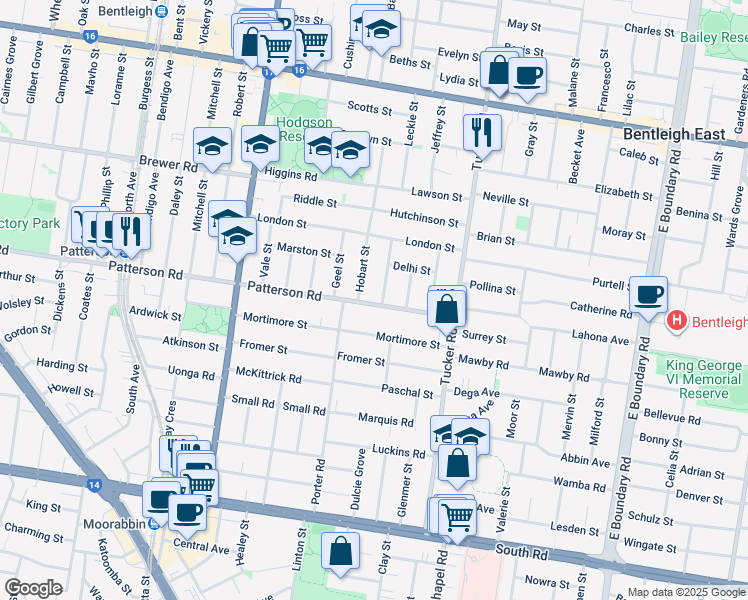 map of restaurants, bars, coffee shops, grocery stores, and more near 135 Patterson Road in Bentleigh