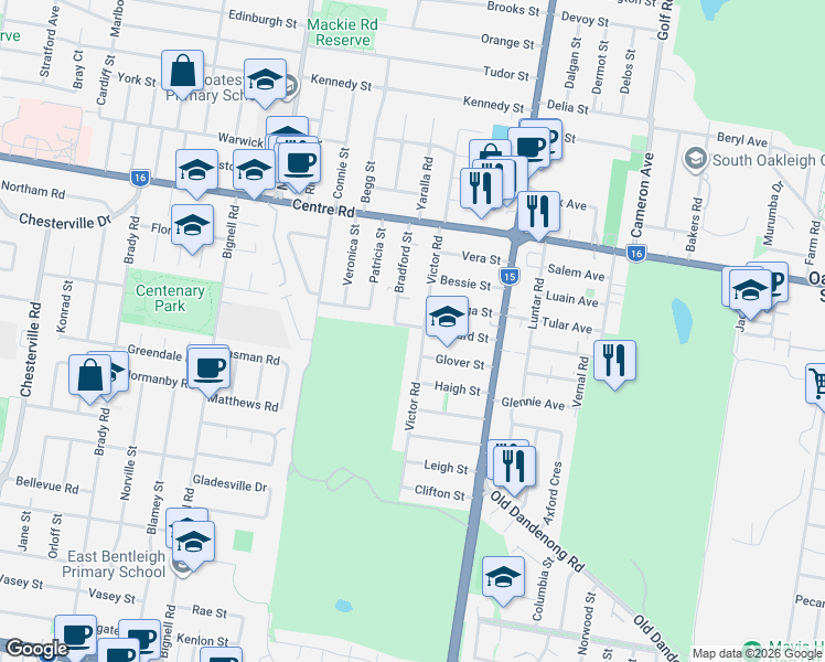 map of restaurants, bars, coffee shops, grocery stores, and more near 2B Rudyard Street in Bentleigh East