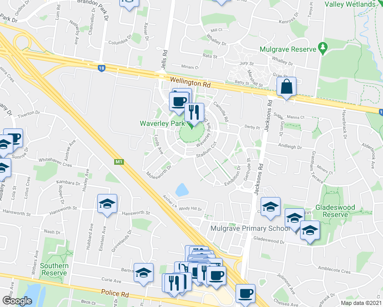 map of restaurants, bars, coffee shops, grocery stores, and more near 74 Stadium Circuit in Mulgrave