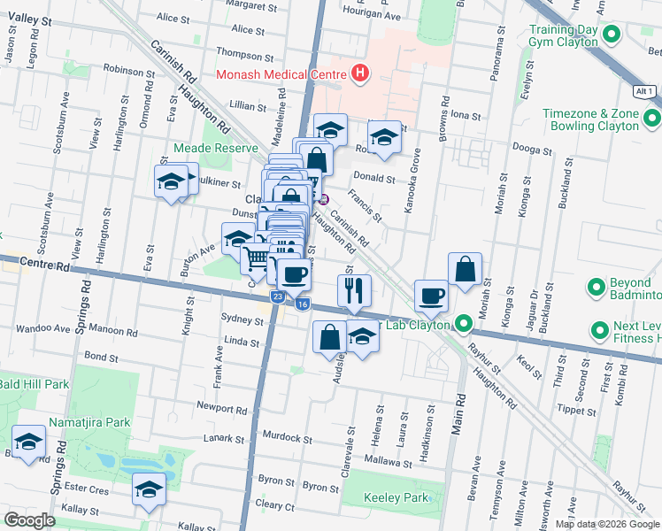map of restaurants, bars, coffee shops, grocery stores, and more near 6 Jean Avenue in Clayton