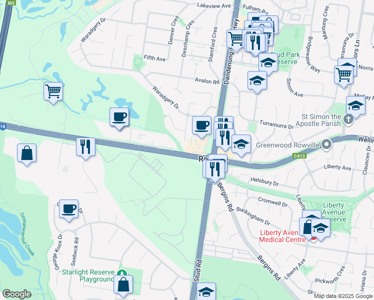 map of restaurants, bars, coffee shops, grocery stores, and more near 13 Gilligans Court in Rowville