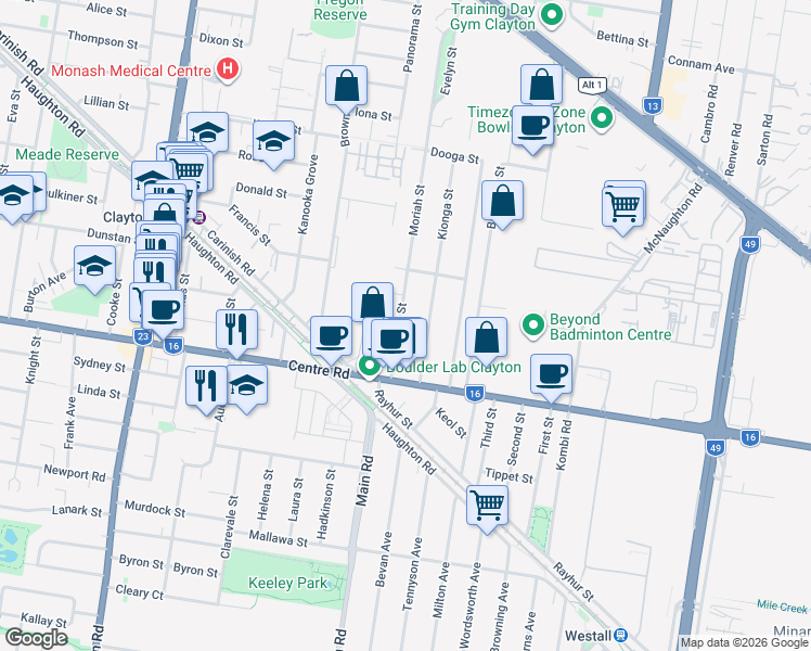 map of restaurants, bars, coffee shops, grocery stores, and more near 128 Moriah Street in Clayton