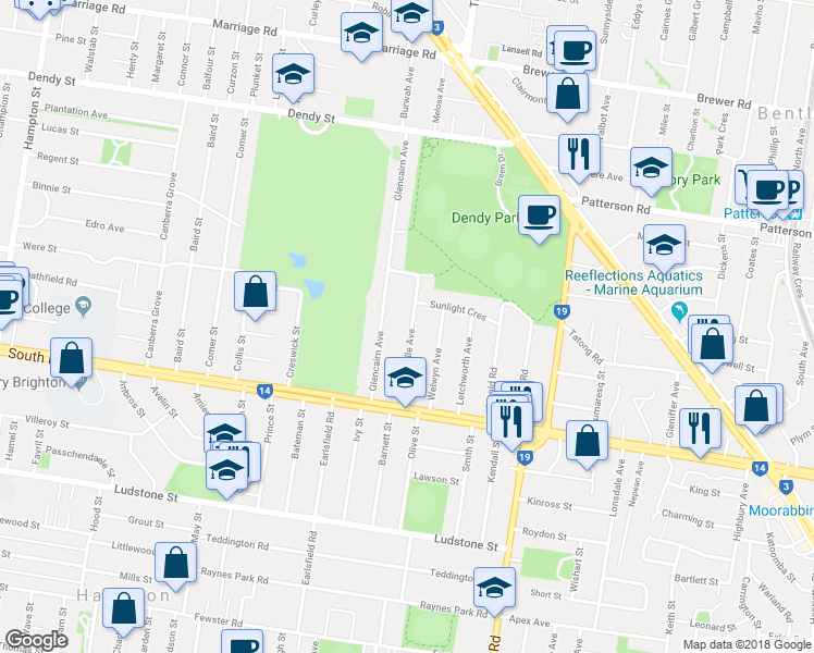 map of restaurants, bars, coffee shops, grocery stores, and more near 29 Bourneville Avenue in Brighton East