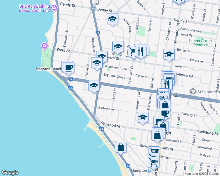 map of restaurants, bars, coffee shops, grocery stores, and more near 26 South Road in Brighton