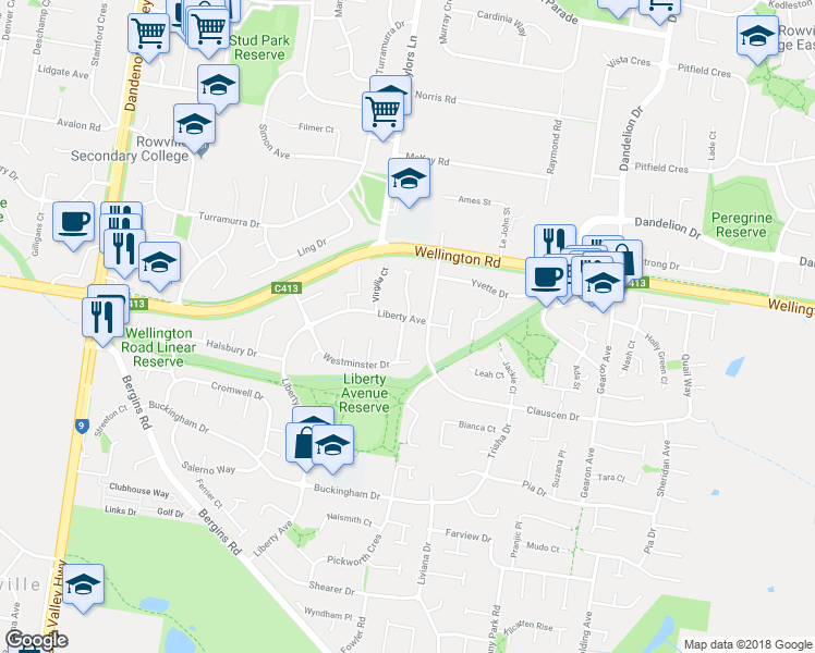 map of restaurants, bars, coffee shops, grocery stores, and more near 5 Liberty Avenue in Rowville