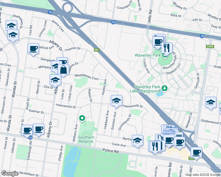 map of restaurants, bars, coffee shops, grocery stores, and more near 65 Kambara Drive in Mulgrave