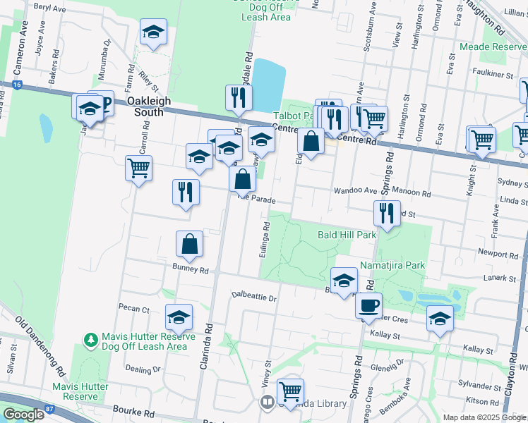 map of restaurants, bars, coffee shops, grocery stores, and more near 21 Eulinga Road in Clarinda