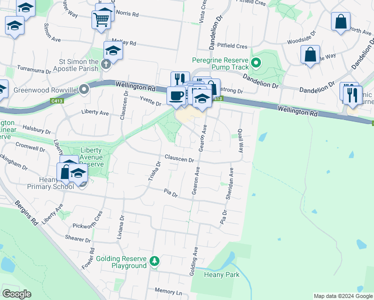 map of restaurants, bars, coffee shops, grocery stores, and more near 1 Orchard Way in Rowville