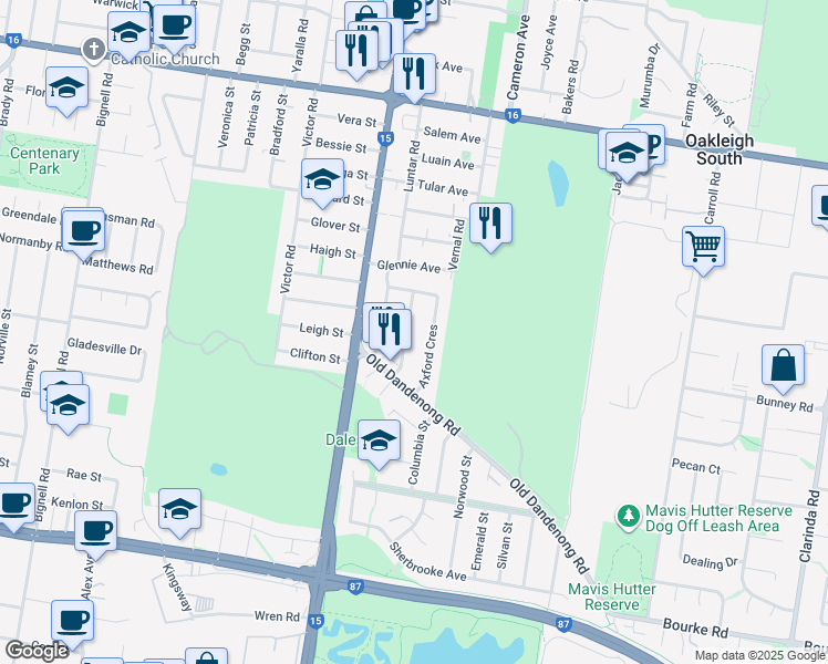 map of restaurants, bars, coffee shops, grocery stores, and more near 18 Abercrombie Street in Oakleigh South