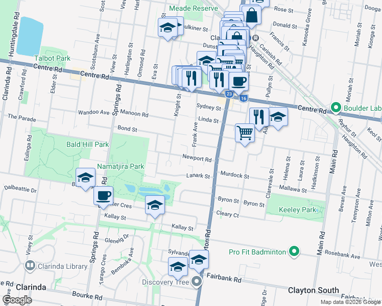 map of restaurants, bars, coffee shops, grocery stores, and more near 3 Frank Avenue in Clayton South