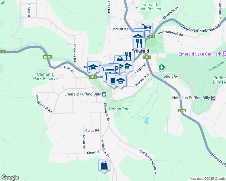 map of restaurants, bars, coffee shops, grocery stores, and more near 13 Kilvington Drive in Emerald