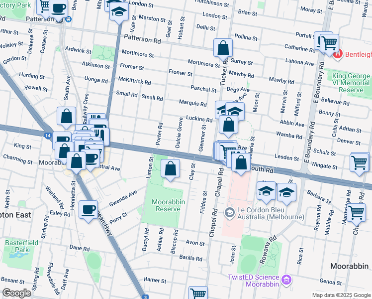 map of restaurants, bars, coffee shops, grocery stores, and more near 1A Sandra Grove in Bentleigh