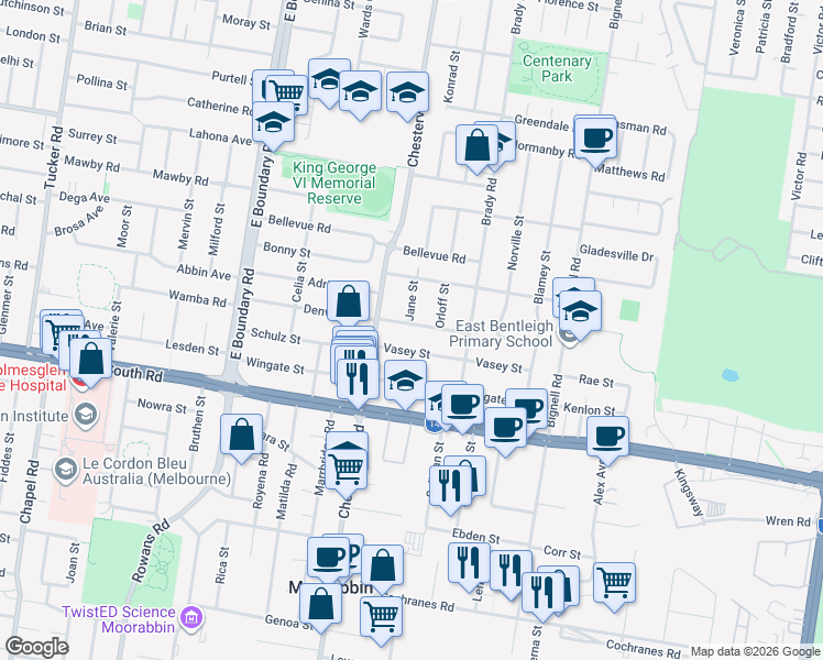 map of restaurants, bars, coffee shops, grocery stores, and more near 50 Denver Street in Bentleigh East