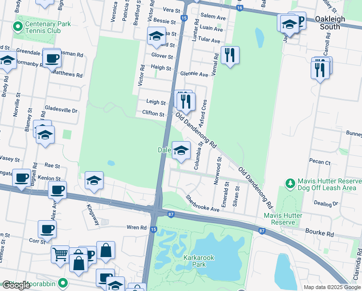 map of restaurants, bars, coffee shops, grocery stores, and more near 1 Washington Drive in Oakleigh South