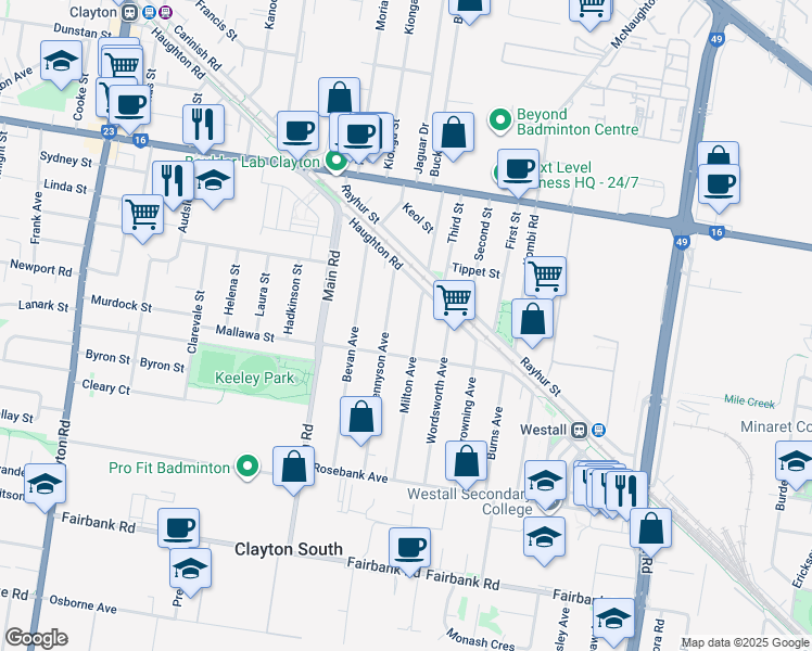 map of restaurants, bars, coffee shops, grocery stores, and more near 15 Milton Avenue in Clayton South