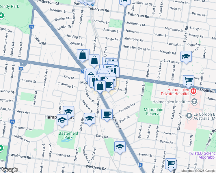 map of restaurants, bars, coffee shops, grocery stores, and more near 11 Central Avenue in Moorabbin
