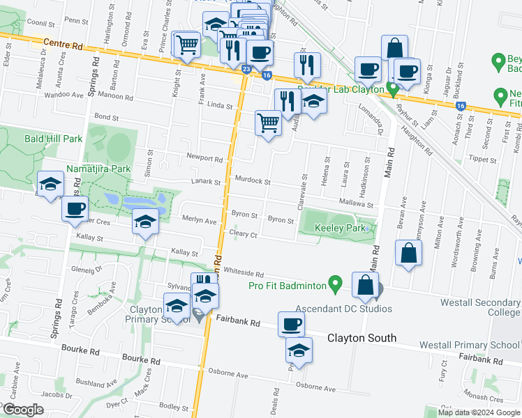 map of restaurants, bars, coffee shops, grocery stores, and more near 2 Charlotte Street in Clayton South