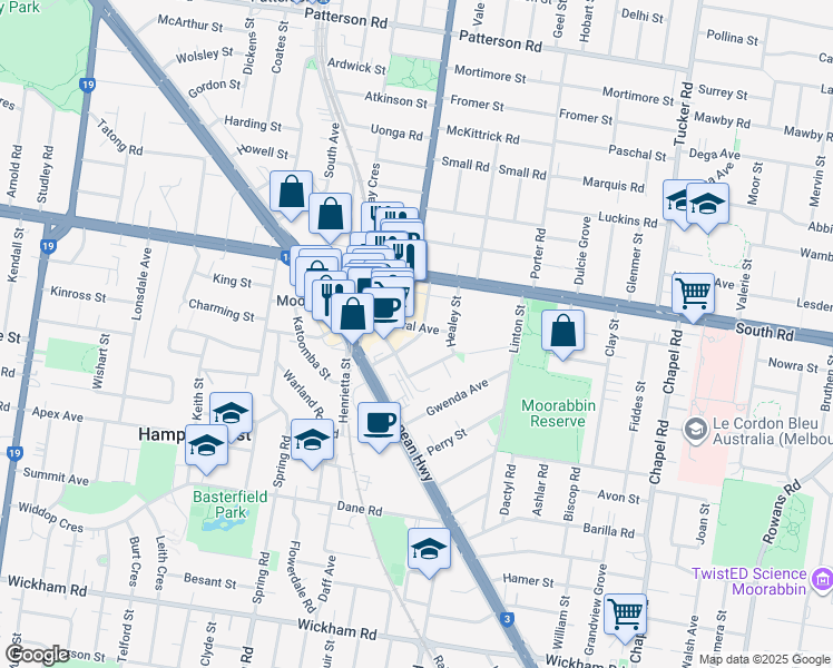 map of restaurants, bars, coffee shops, grocery stores, and more near 10 Central Avenue in Moorabbin