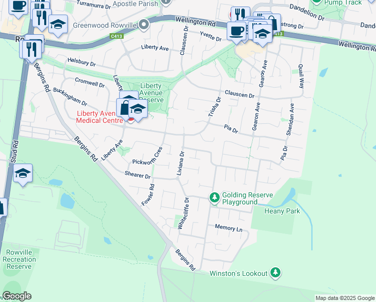 map of restaurants, bars, coffee shops, grocery stores, and more near 4 Farview Drive in Rowville