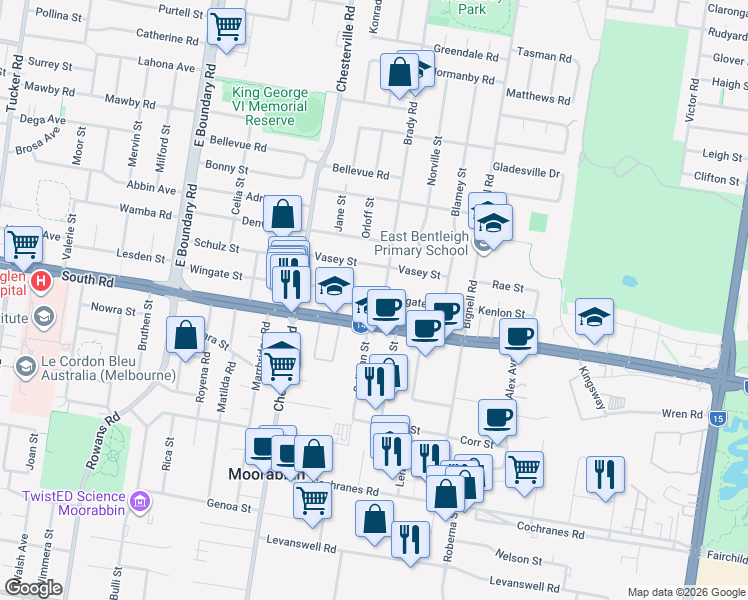 map of restaurants, bars, coffee shops, grocery stores, and more near 7 Brady Road in Bentleigh East