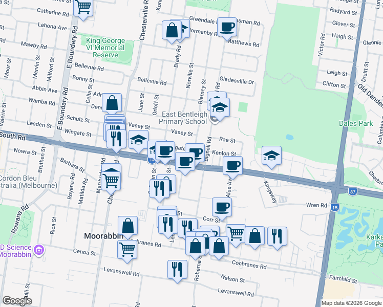 map of restaurants, bars, coffee shops, grocery stores, and more near 90 Wingate Street in Bentleigh East