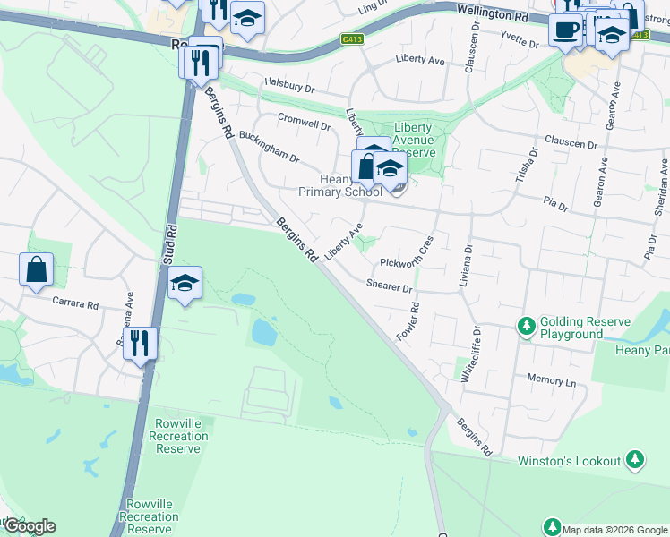 map of restaurants, bars, coffee shops, grocery stores, and more near 2 Shearer Drive in Rowville