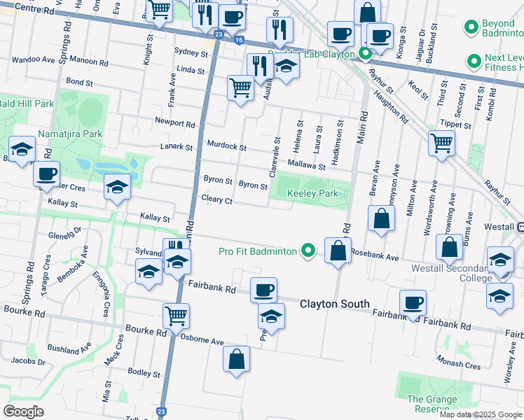 map of restaurants, bars, coffee shops, grocery stores, and more near 46 Cleary Court in Clayton South