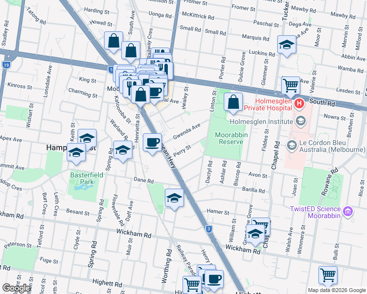 map of restaurants, bars, coffee shops, grocery stores, and more near 9 Perry Street in Moorabbin