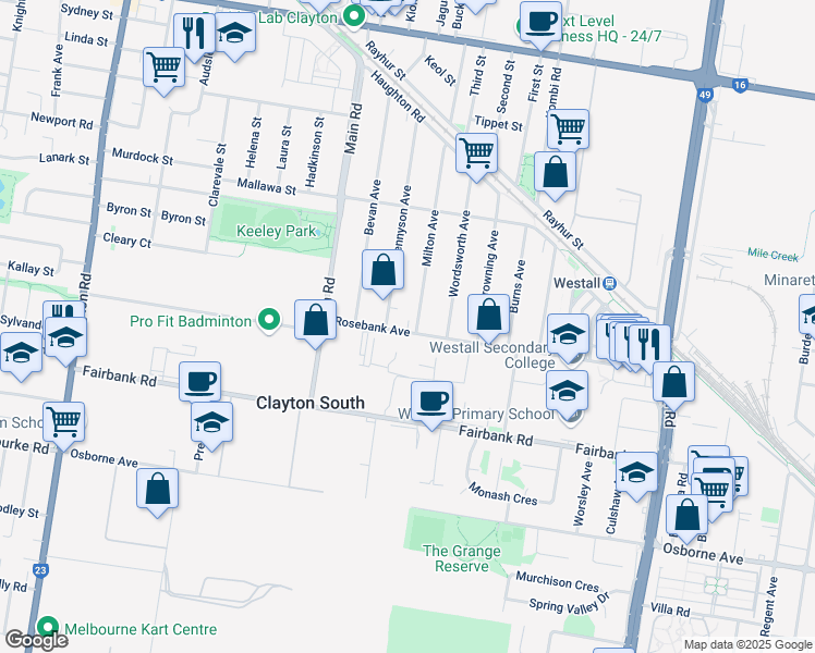 map of restaurants, bars, coffee shops, grocery stores, and more near 23 Rosebank Avenue in Clayton South