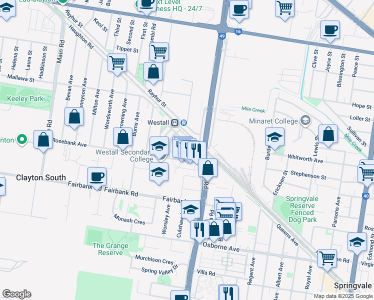 map of restaurants, bars, coffee shops, grocery stores, and more near 60 Autumn Terrace in Clayton South