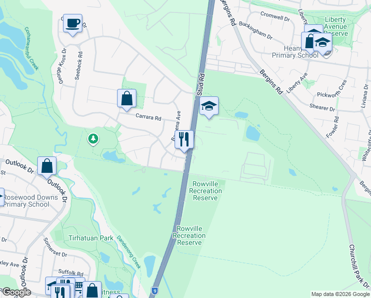 map of restaurants, bars, coffee shops, grocery stores, and more near 1364 Stud Road in Rowville