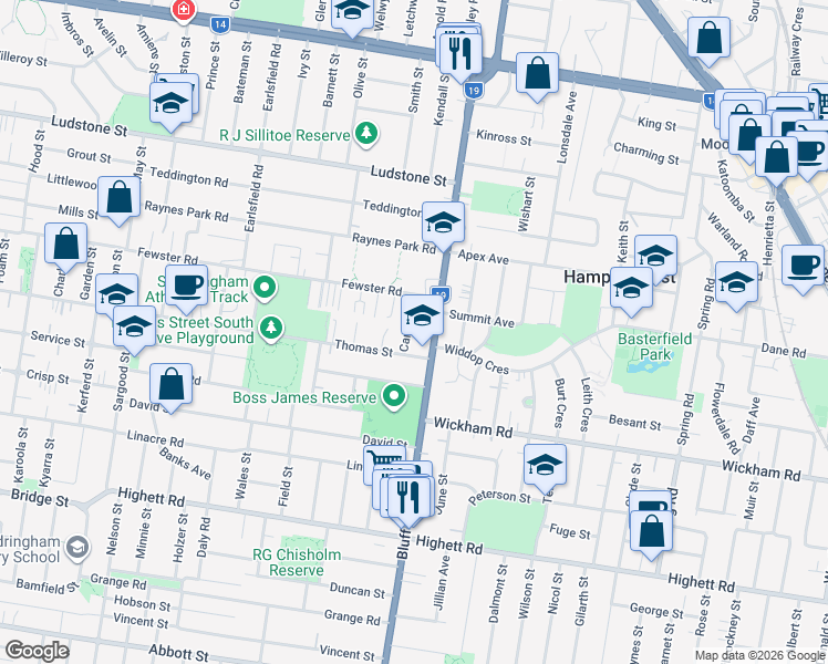 map of restaurants, bars, coffee shops, grocery stores, and more near 12 Carolyn Street in Hampton