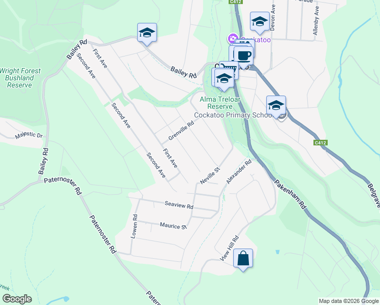 map of restaurants, bars, coffee shops, grocery stores, and more near 25 Springs Street in Cockatoo