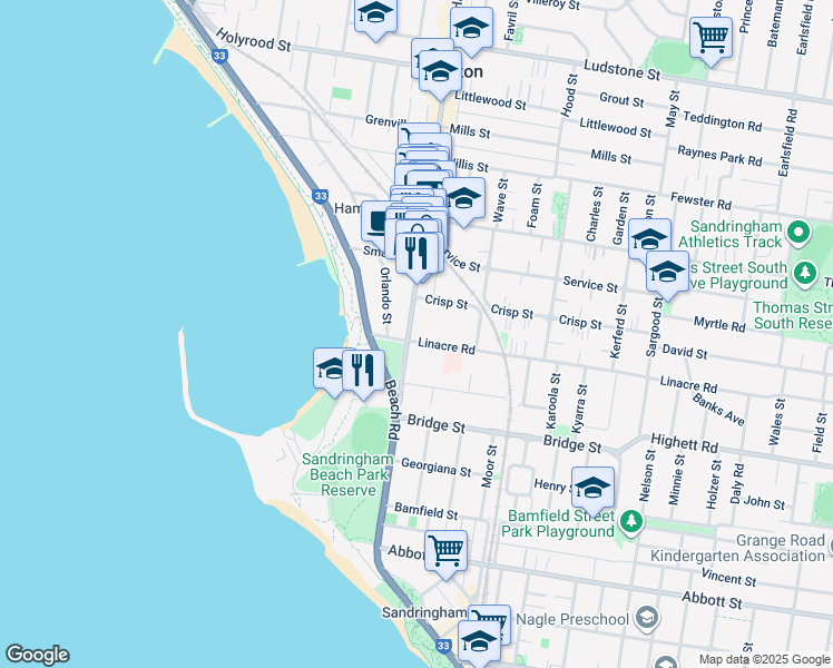 map of restaurants, bars, coffee shops, grocery stores, and more near 334 Hampton Street in Hampton