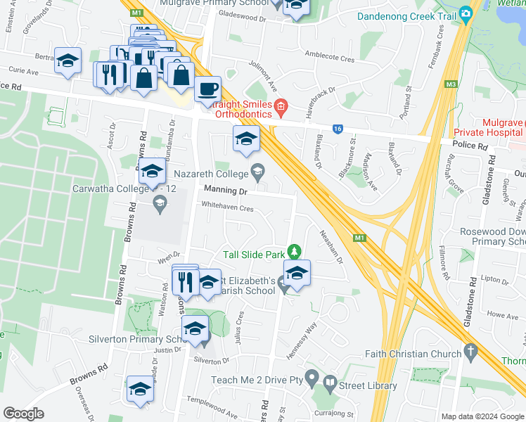 map of restaurants, bars, coffee shops, grocery stores, and more near 43 Whitehaven Crescent in Noble Park North