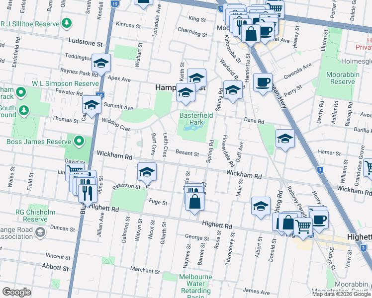 map of restaurants, bars, coffee shops, grocery stores, and more near 13 Besant Street in Hampton East