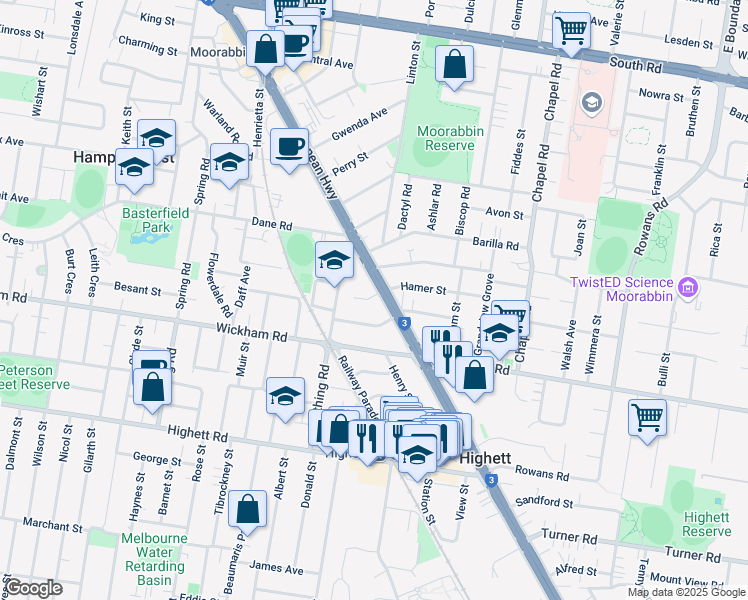 map of restaurants, bars, coffee shops, grocery stores, and more near 1022 Nepean Highway in Moorabbin